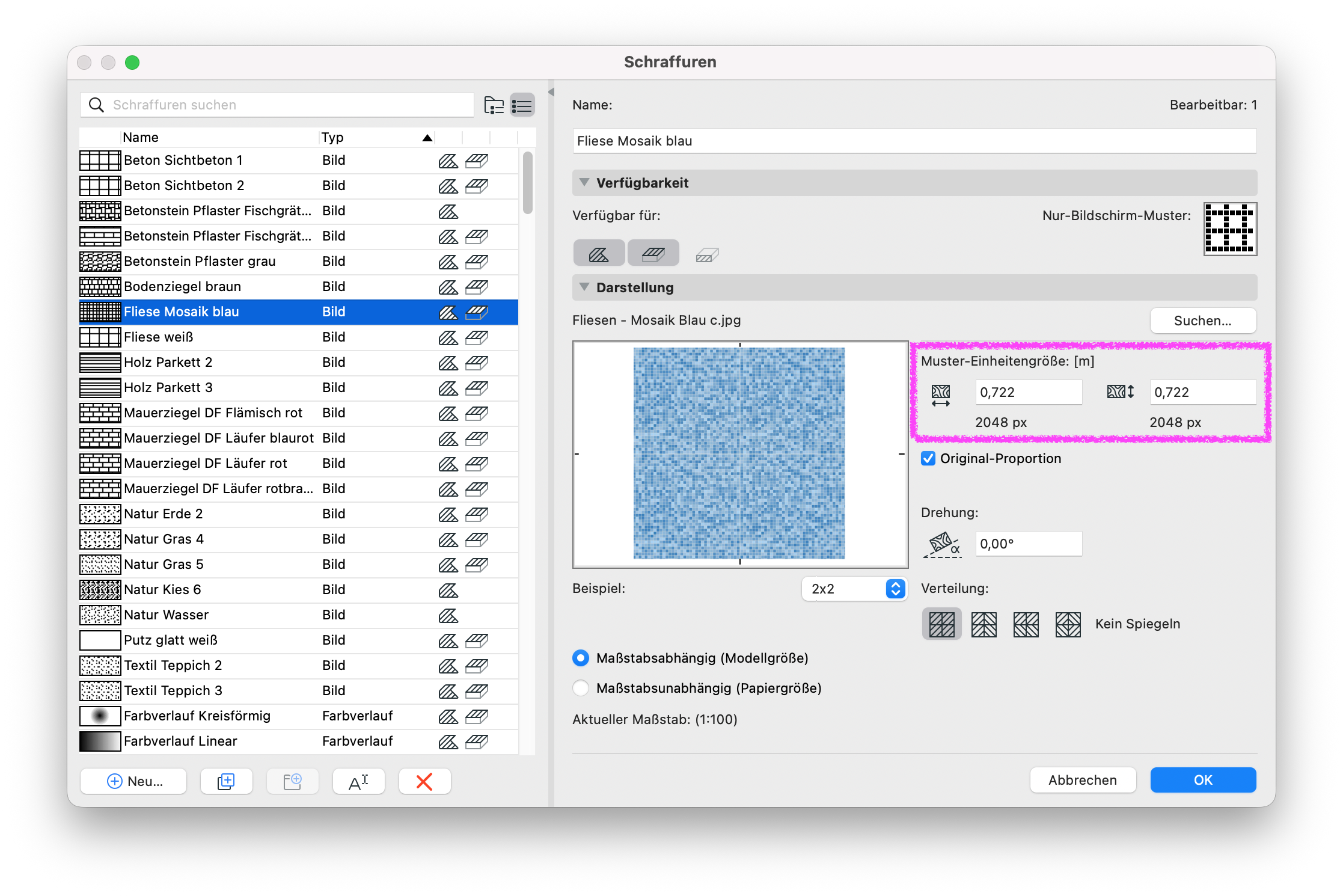 Dialogfenster Schraffuren mit ausgewählter Bildschraffur Fliese Mosaik blau. Hervorgehoben sind die Einstellungen für die Muster-Einheitengröße und die zugehörige Bildauflösung von 2048 × 2048 Pixeln.