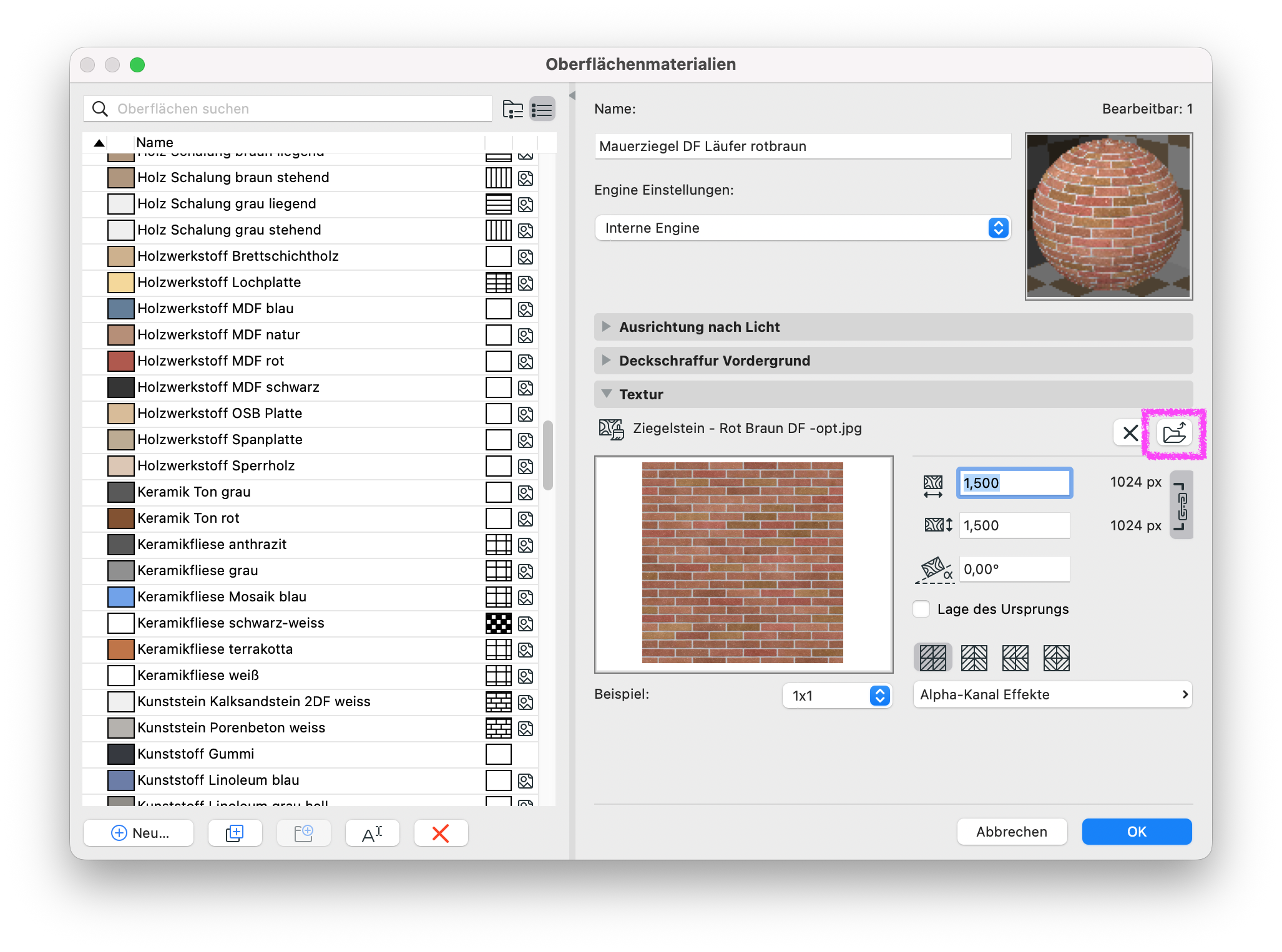 Dialogfenster Oberflächenmaterialien mit ausgewähltem Oberflächenmaterial Mauerziegel DF Läufer rotbraun. Im Bereich Textur ist die Schaltfläche zum Laden beziehungsweise Austauschen des verwendeten Texturbildes hervorgehoben.