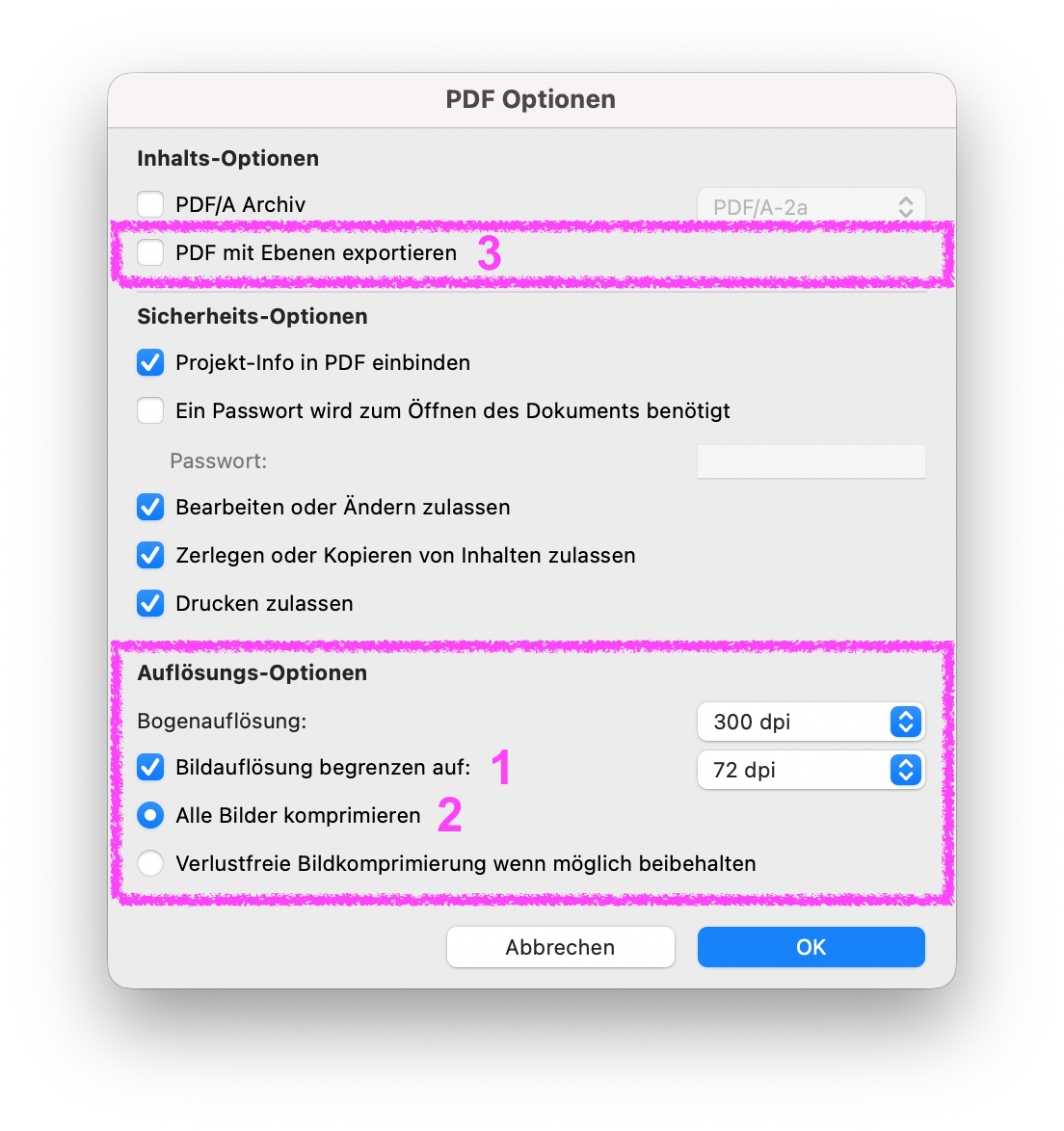 Dialogfenster PDF Optionen. Hervorgehoben sind die Einstellungen zum Begrenzen der Bildauflösung auf 72 dpi, zum Komprimieren aller Bilder sowie die Option PDF mit Ebenen exportieren.
