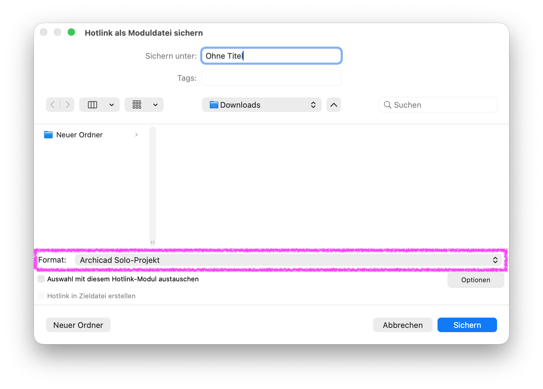 Dialogfenster Hotlink als Moduldatei sichern. Hervorgehoben ist das Dateiformat Archicad Solo-Projekt, in dem der Hotlink bzw. das Projekt gespeichert werden soll.
