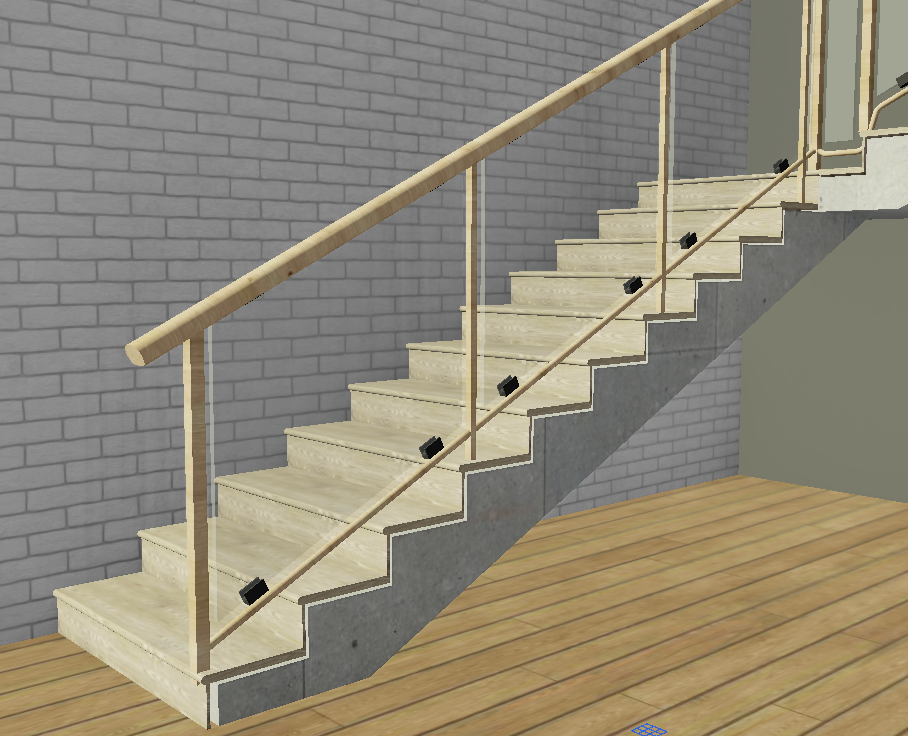 3D‑Ansicht einer geraden Innentreppe mit Holzstufen und einem hellen Geländer. Mehrere schwarze Geländeranschlüsse sind entlang der Treppenwangen sichtbar.