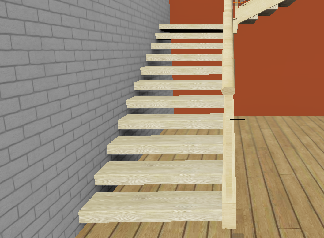 3D‑Ansicht der fertigen Wangentreppe mit offenen Holztrittstufen. Die Trittstufen haben eine sichtbare Stärke und liegen ohne Setzstufen zwischen den seitlichen Wangen. Rechts verläuft ein Holzgeländer entlang des Treppenlaufs.