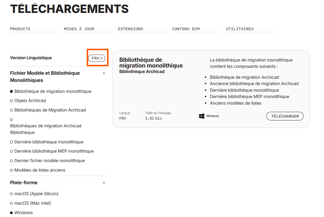 Page de téléchargement Graphisoft indiquant où sélectionner la version linguistique souhaitée.