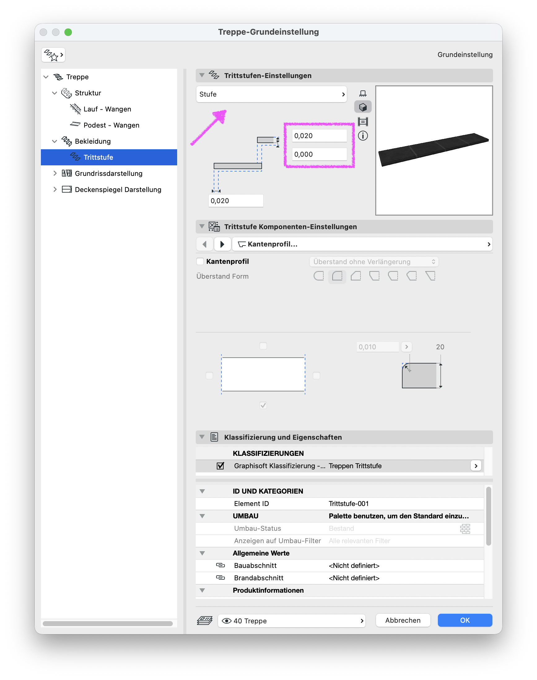 Dialog Treppe‑Grundeinstellung mit ausgewählten Trittstufen‑Einstellungen. Über das Dropdown-Menü ist die Ausführung Stufe gewählt. Die hervorgehobenen Werte definieren die Dicke der Trittstufe mit 0,020 m und den vertikalen Versatz mit 0,000 m.