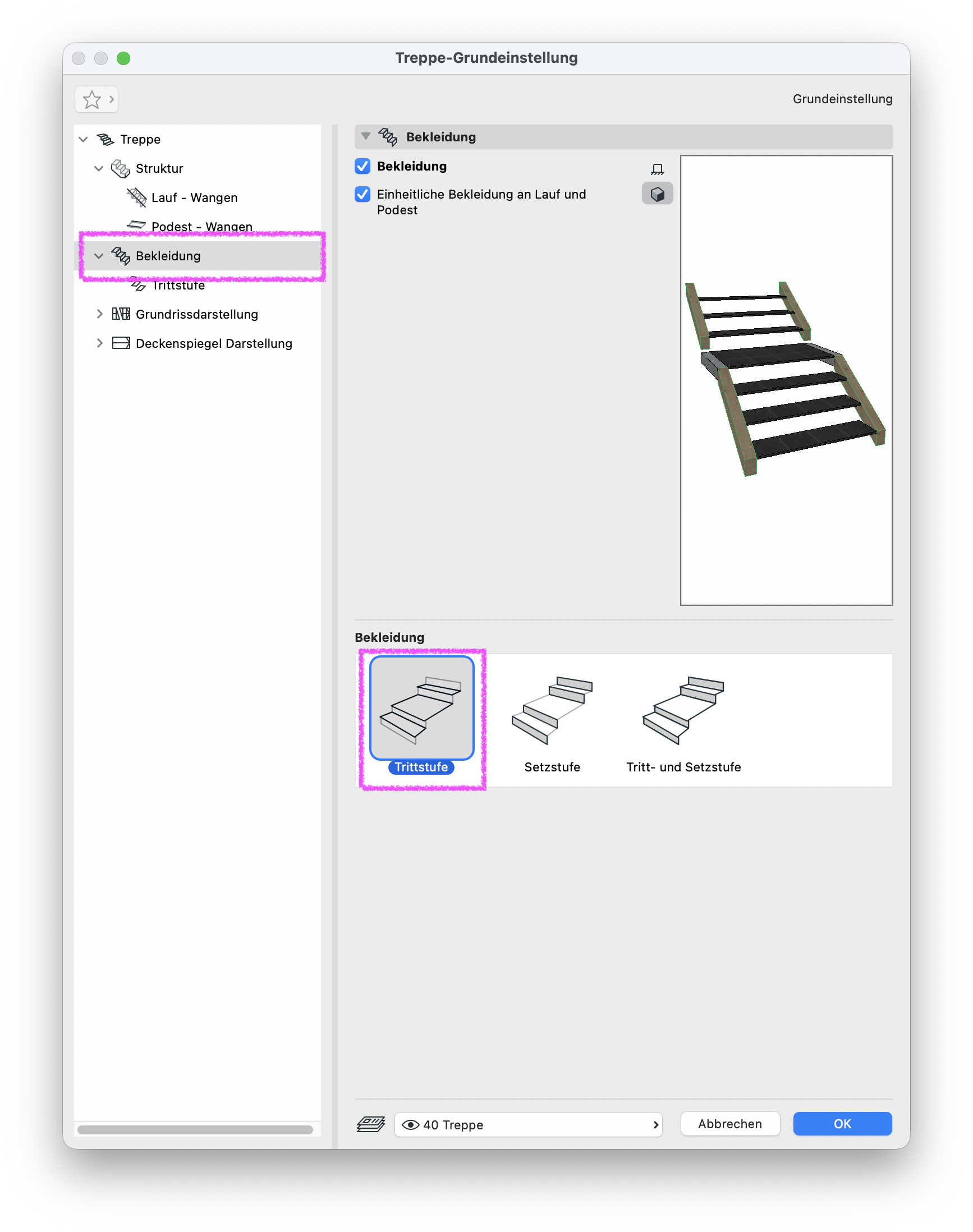Dialog Treppe‑Grundeinstellung mit ausgewähltem Bereich Bekleidung. Die Bekleidung ist aktiviert und gilt einheitlich für Lauf und Podest. Als Bekleidungsart ist Trittstufe ausgewählt, wodurch die Treppe offene Stufen ohne Setzstufen erhält.