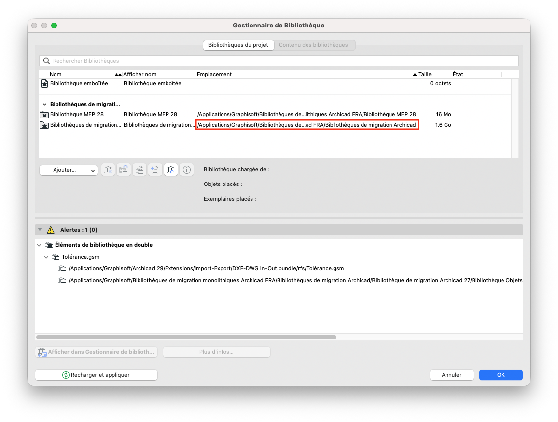 Gestionnaire de bibliothèques mettant en évidence le chemin d'accès attendu.