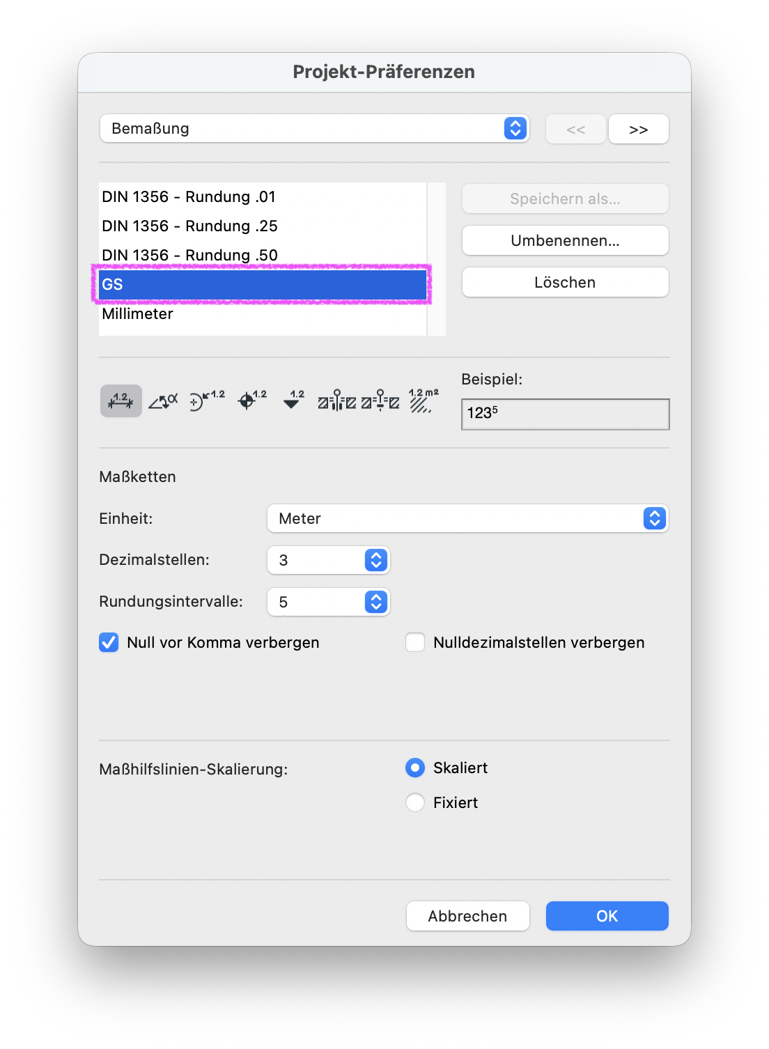 Die gespeicherte Bemaßungs-Einstellung GS.