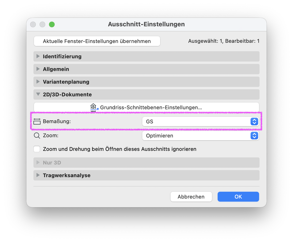 In den Ausschnitt‑Einstellungen wird dem Ausschnitt über das Feld Bemaßung die gespeicherte Bemaßungs‑Einstellung GS zugewiesen.