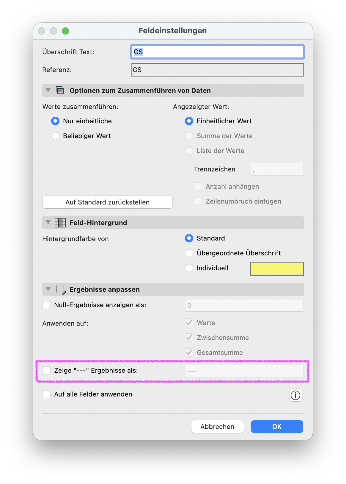 Im Dialog Feldeinstellungen kann unter Ergebnisse anpassen über Zeige --- Ergebnisse als ein eigener Platzhalter für nicht auswertbare Werte festgelegt werden.