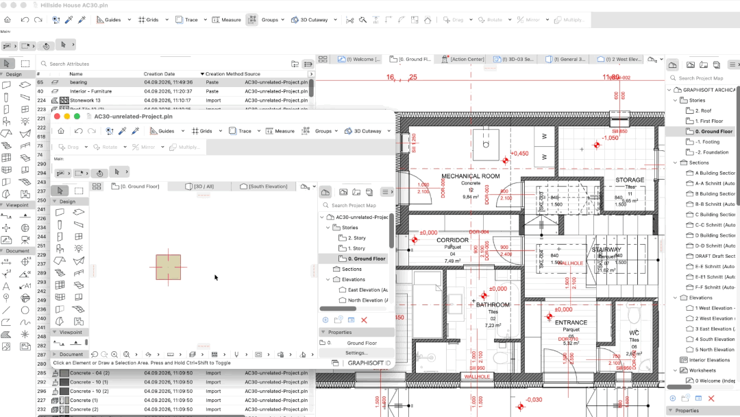 Archicadの.plnファイルでは、変更点がすぐに属性パレットに表示されます