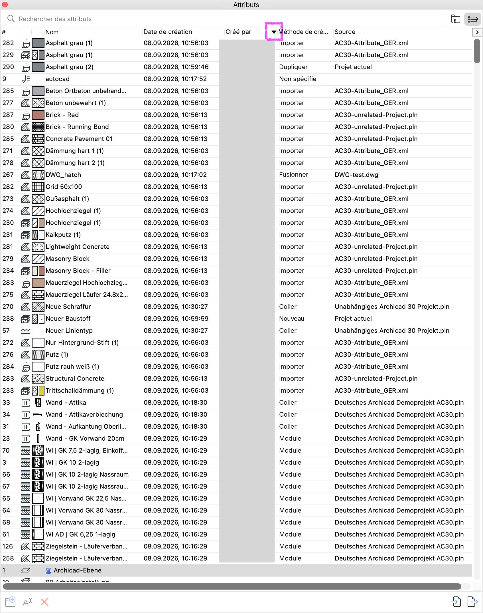 Palette Attributs avec les colonnes Date de création, Créé par, Méthode de création et Source affichées. Les attributs sont triés par méthode de création.