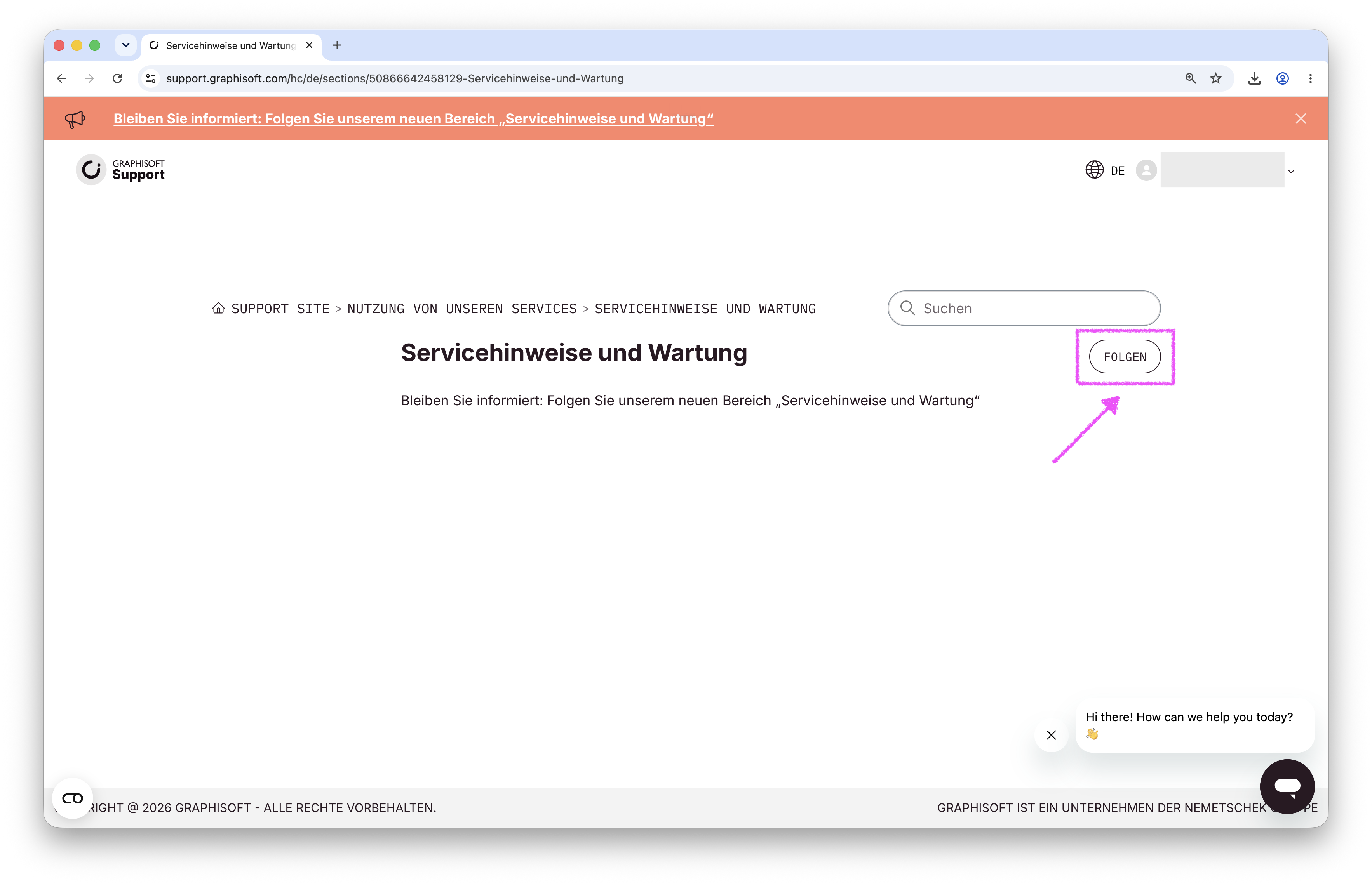 Die Graphisoft-Supportseite zeigt den Bereich Servicehinweise und Wartung mit der hervorgehobenen Schaltfläche Folgen.