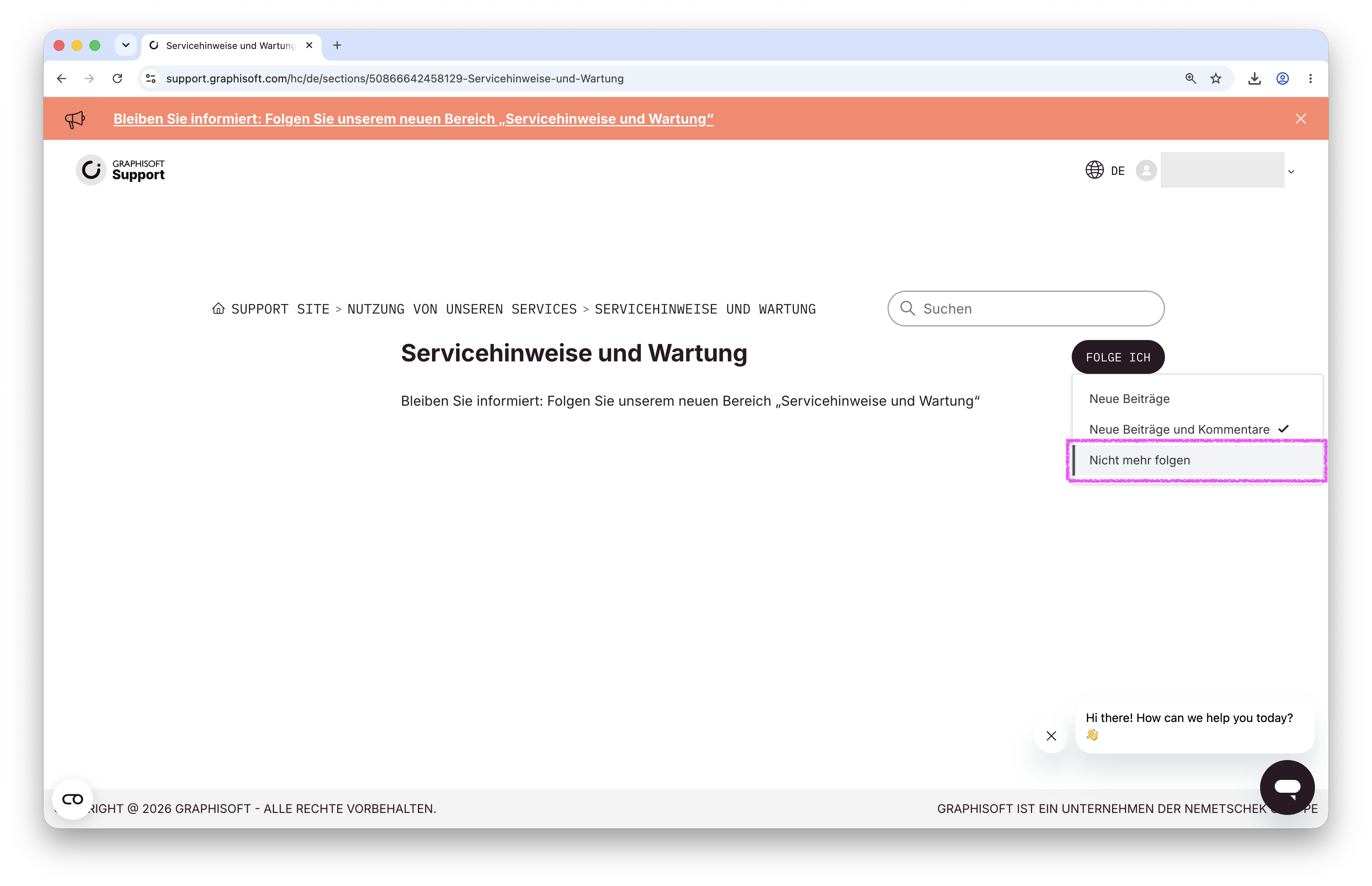 Im geöffneten Menü Folge ich des Bereichs Servicehinweise und Wartung ist die Option Nicht mehr folgen hervorgehoben.