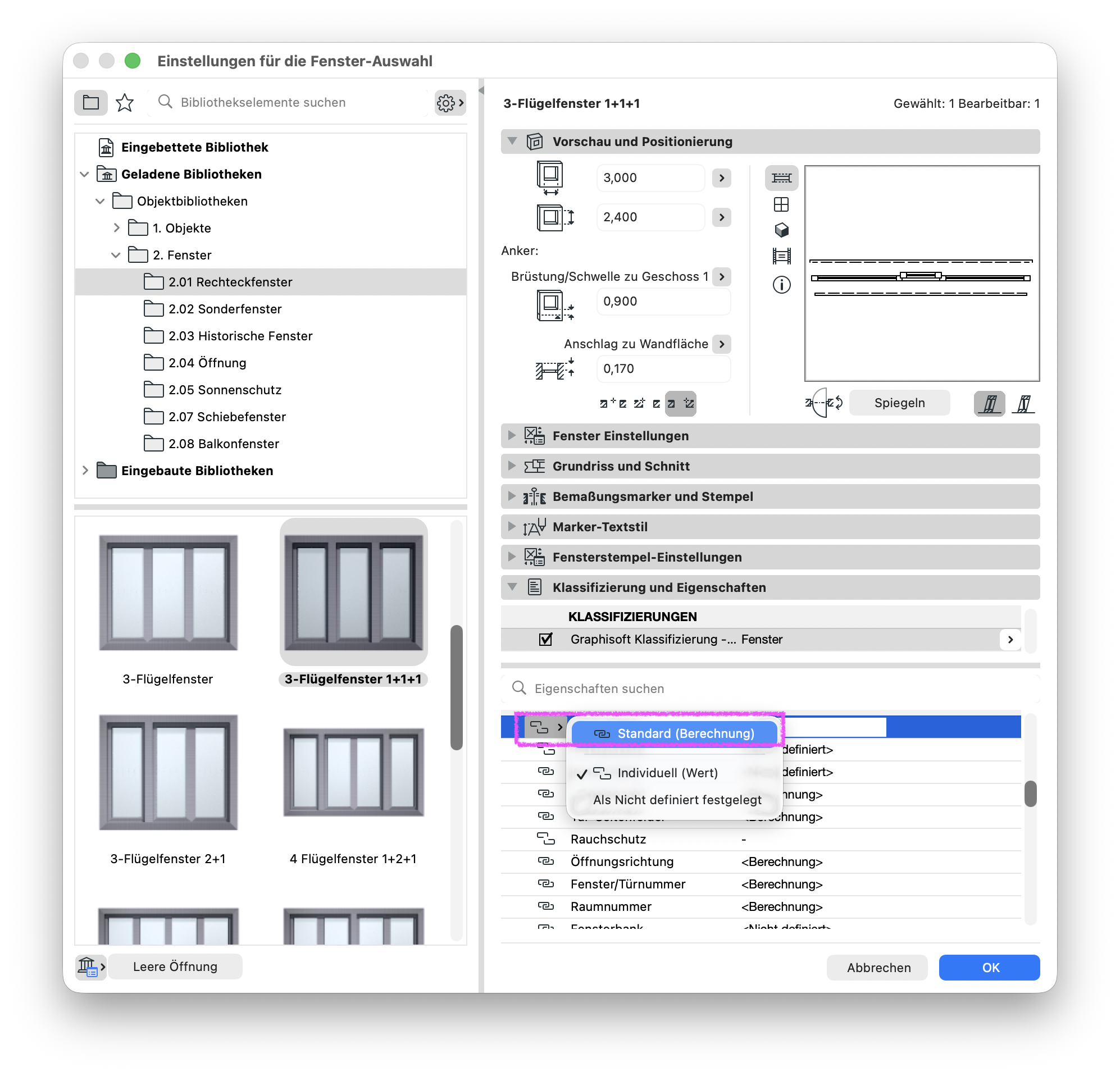 In den Fenster-Einstellungen ist die Option Standard (Berechnung) hervorgehoben, um den individuellen Wert der Eigenschaft Rohbaubreite auf den Standard zurückzusetzen.