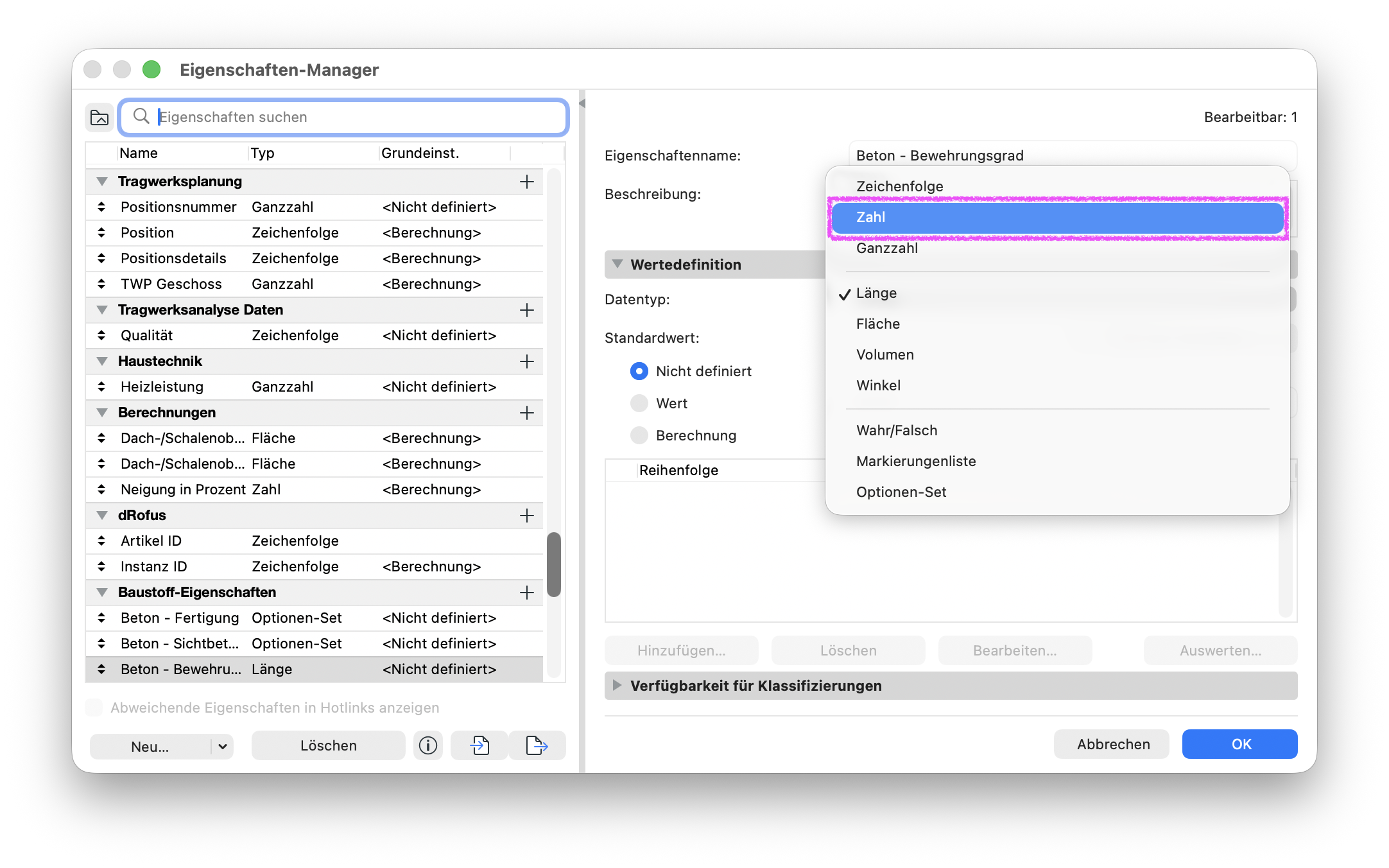 Im Eigenschaften-Manager ist für die Eigenschaft Beton – Bewehrungsgrad das Datentyp-Menü geöffnet und die Option Zahl zum Wechsel vom bisherigen Datentyp Länge hervorgehoben.