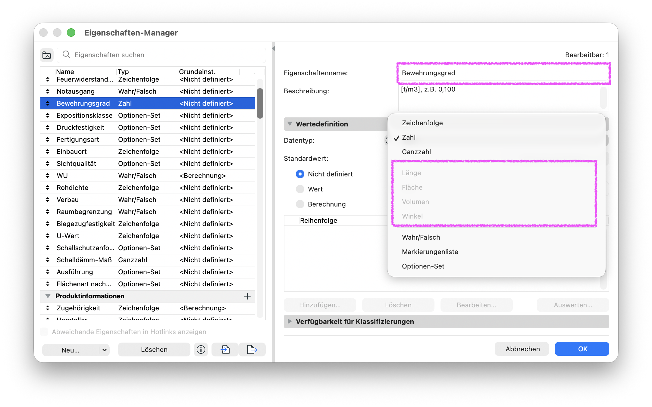 Im Datentyp-Menü der Eigenschaft Bewehrungsgrad ist Zahl ausgewählt und die Einheiten-Datentypen Länge sowie Fläche und Volumen und Winkel sind ausgegraut.