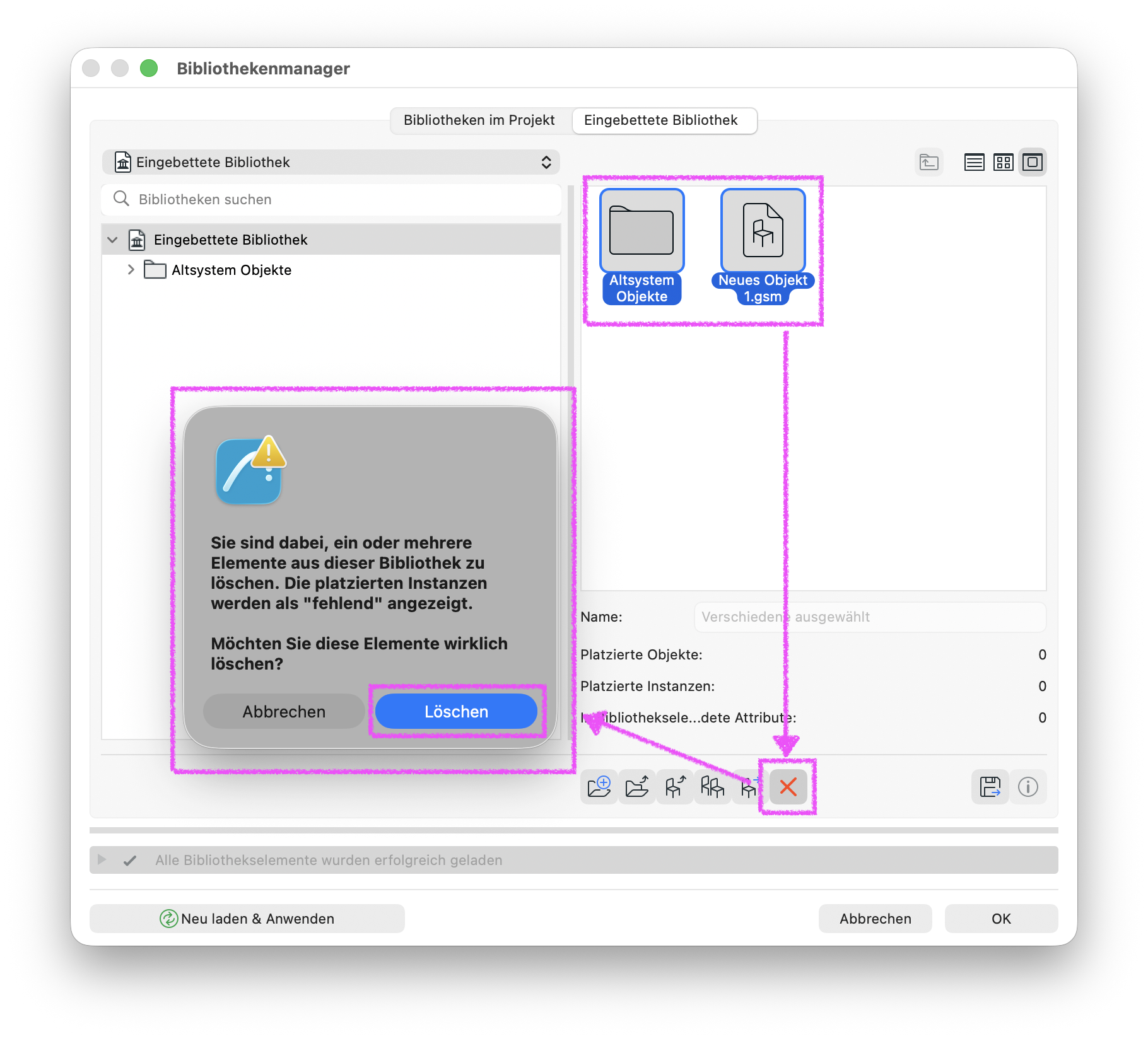 Im Bibliothekenmanager sind der Ordner Altsystem Objekte und die Datei Neues Objekt 1.gsm in der eingebetteten Bibliothek ausgewählt. Magentafarbene Pfeile verweisen auf das Löschsymbol und die Schaltfläche Löschen im Bestätigungsdialog.