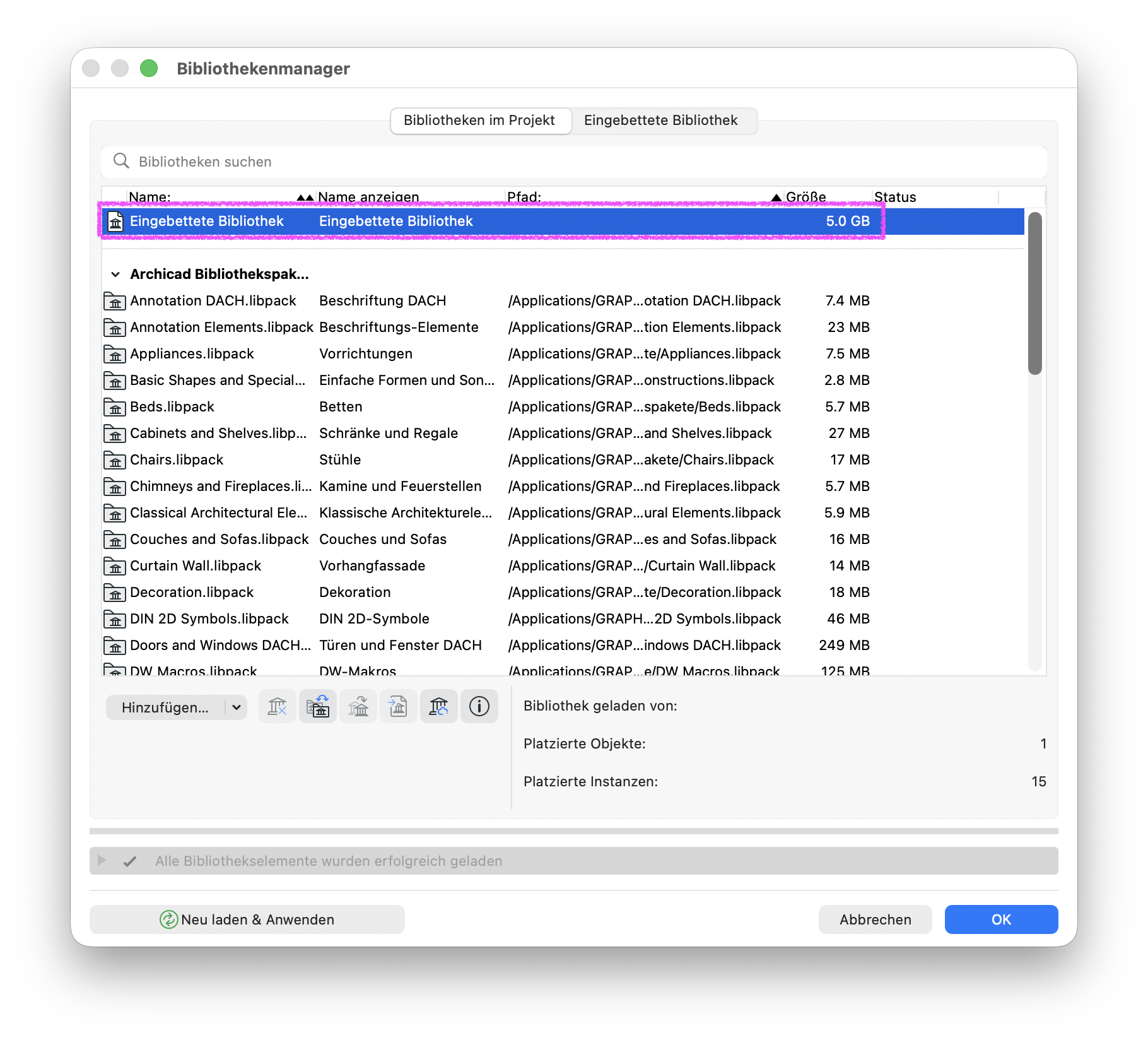Große eingebettete Bibliothek mit 5 GB Inhalt.