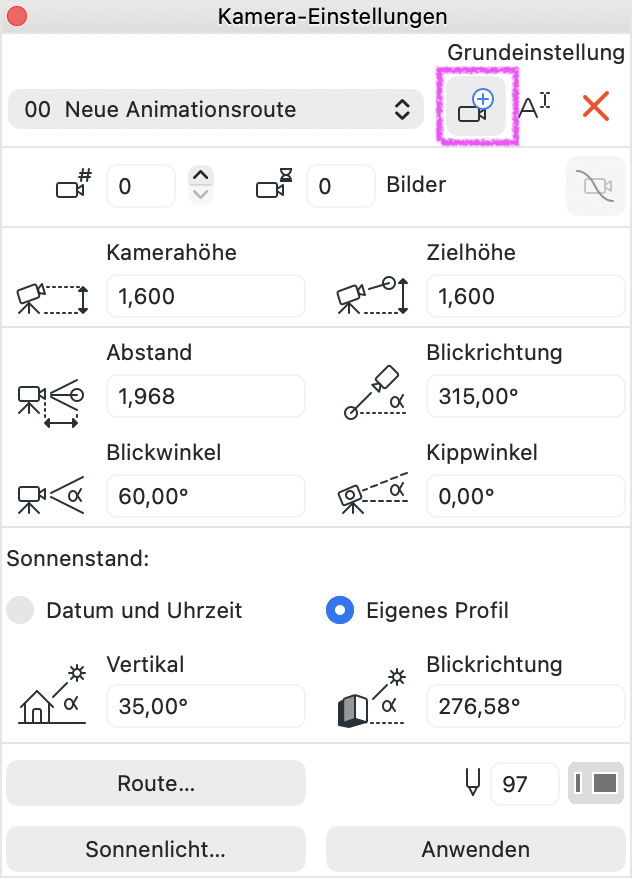 In den Kamera-Einstellungen ist neben der Routenauswahl 00 Neue Animationsroute die Schaltfläche mit dem Kamera-Plus-Symbol magentafarben umrandet
