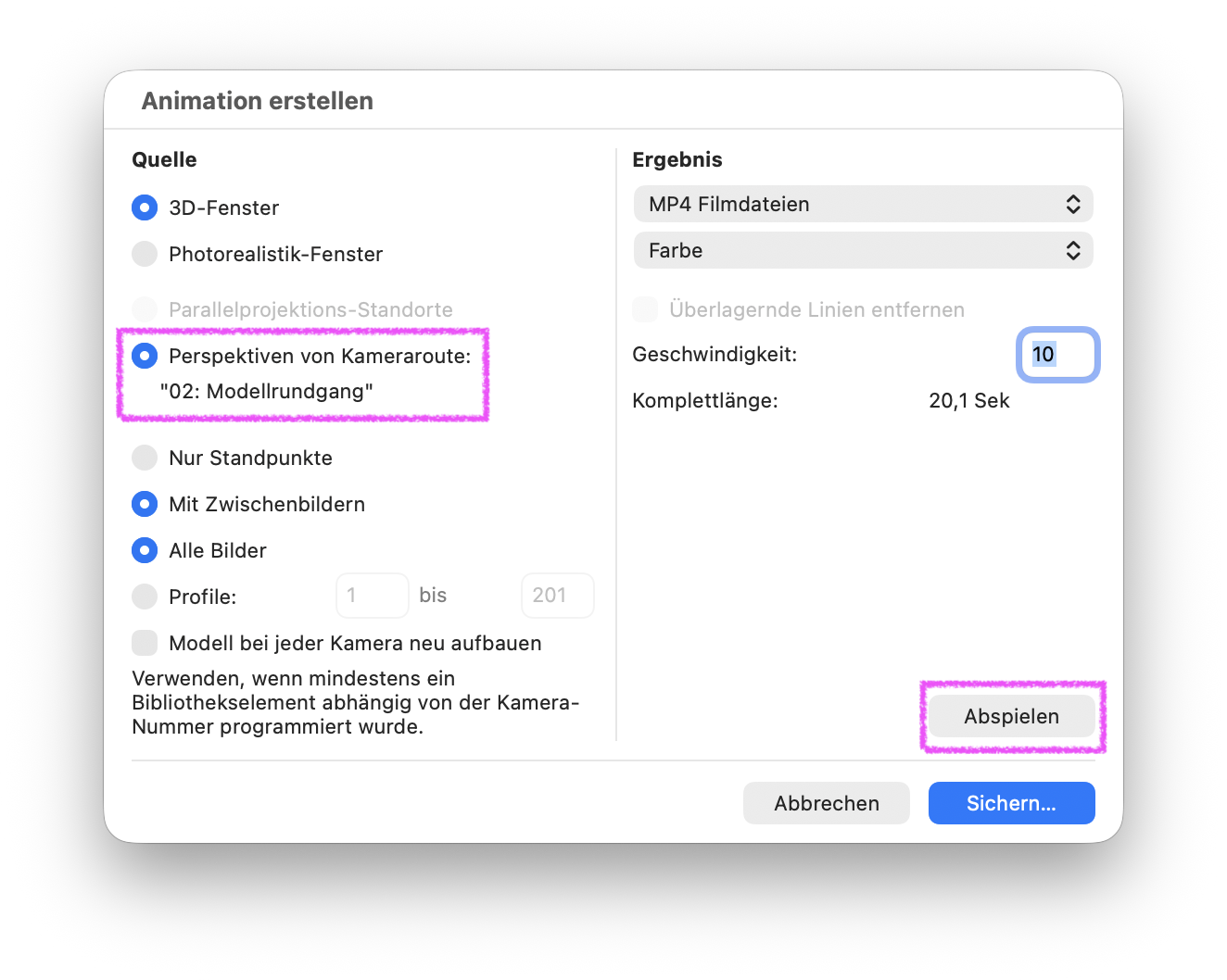 Im Dialog Animation erstellen ist die Kameraroute 02: Modellrundgang als Quelle ausgewählt und magentafarben umrandet. Die Optionen Mit Zwischenbildern und Alle Bilder sind aktiviert. Die ebenfalls umrandete Schaltfläche Abspielen ist unten rechts sichtbar.