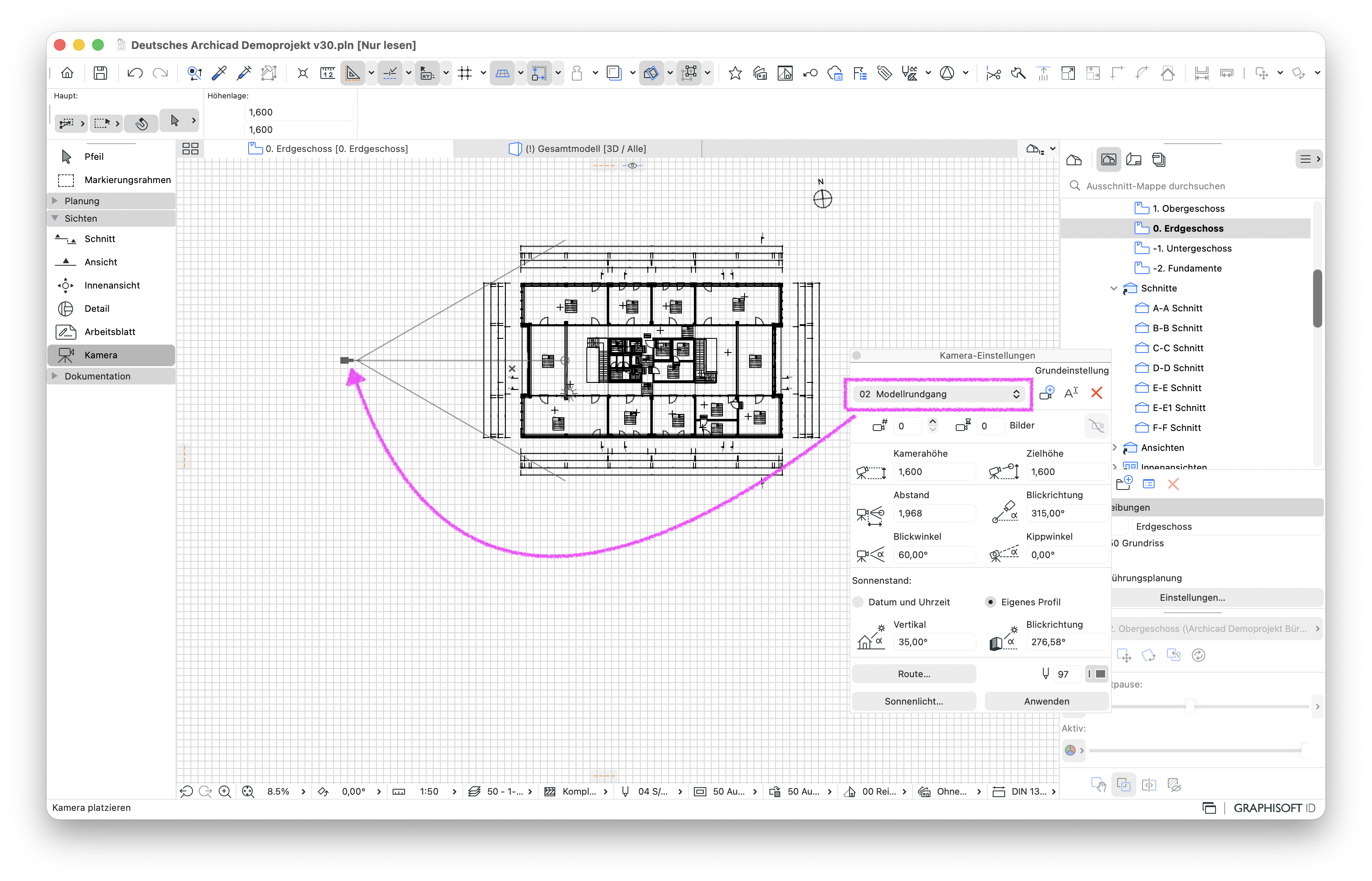 In den Kamera-Einstellungen ist die Animationsroute 02 Modellrundgang ausgewählt und magentafarben umrandet. Ein gebogener Pfeil verweist auf die Kamera links neben dem Gebäudegrundriss deren Blickfeld auf das Gebäude ausgerichtet ist.