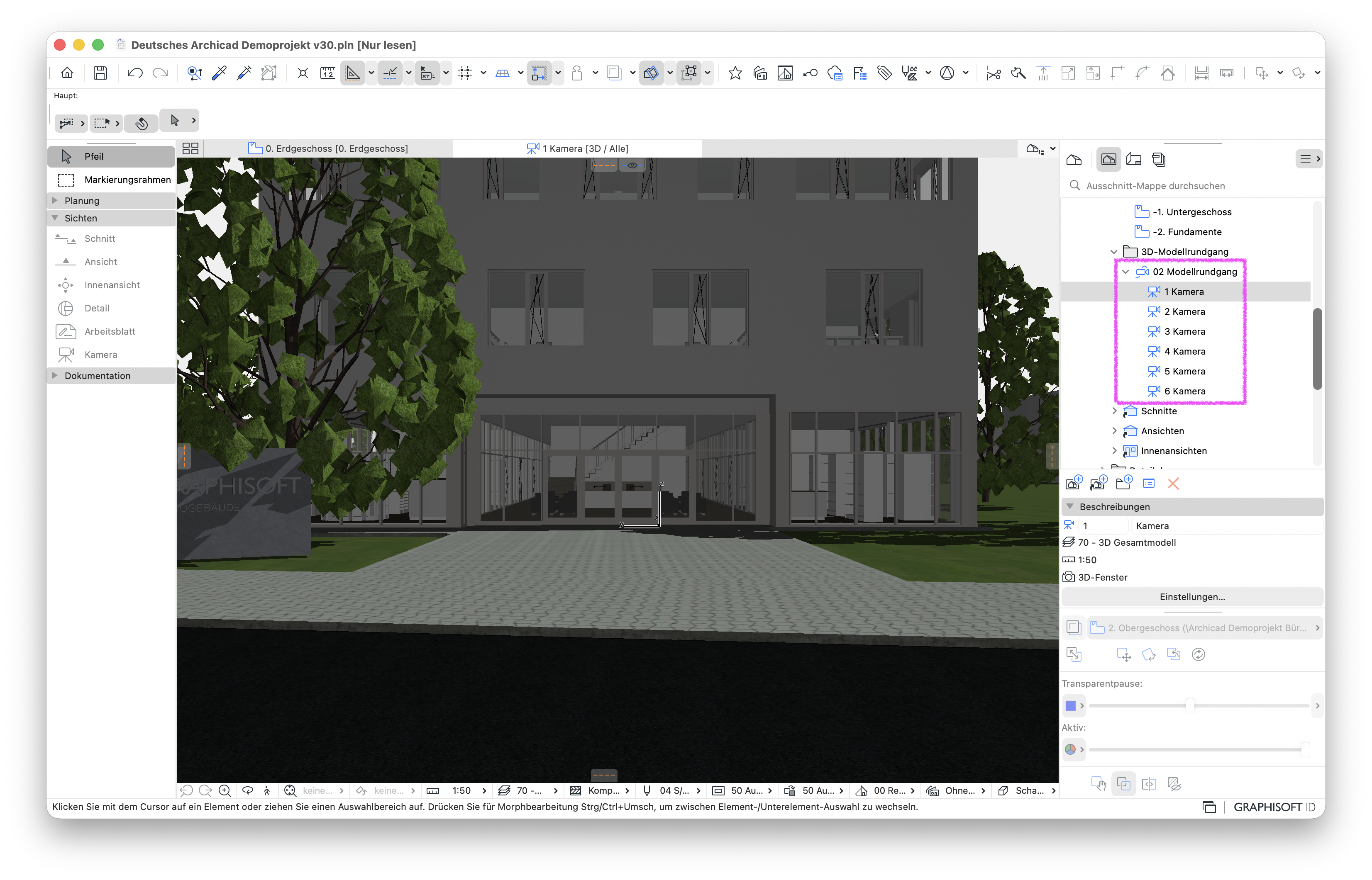 Das 3D-Fenster zeigt die Gebäudeperspektive der ausgewählten 1 Kamera. In der Ausschnitt-Mappe ist die Route 02 Modellrundgang mit den sechs Einträgen 1 Kamera bis 6 Kamera aufgeklappt und magentafarben umrandet.