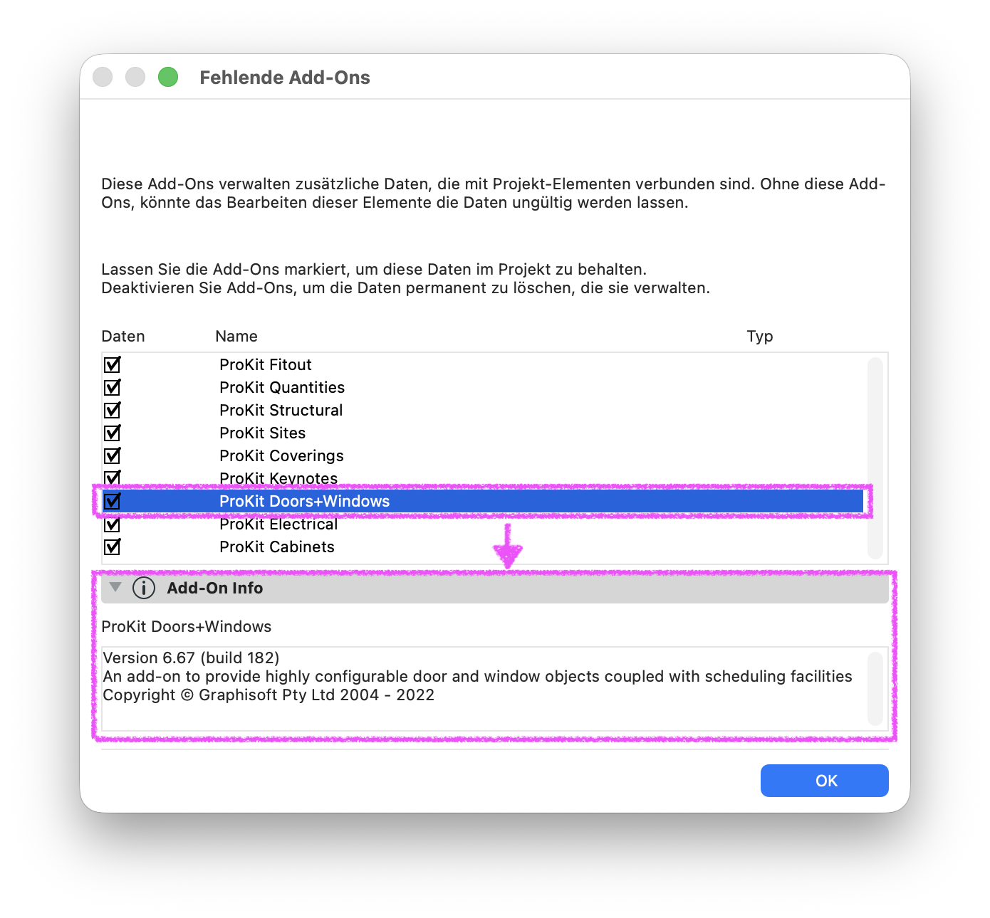 Im Dialog Fehlende Add-Ons ist der Eintrag ProKit Doors+Windows ausgewählt und magentafarben umrandet. Ein Pfeil verweist auf den aufgeklappten Bereich Add-On Info, der die Version 6.67 (build 182) und eine Beschreibung der Erweiterung anzeigt.