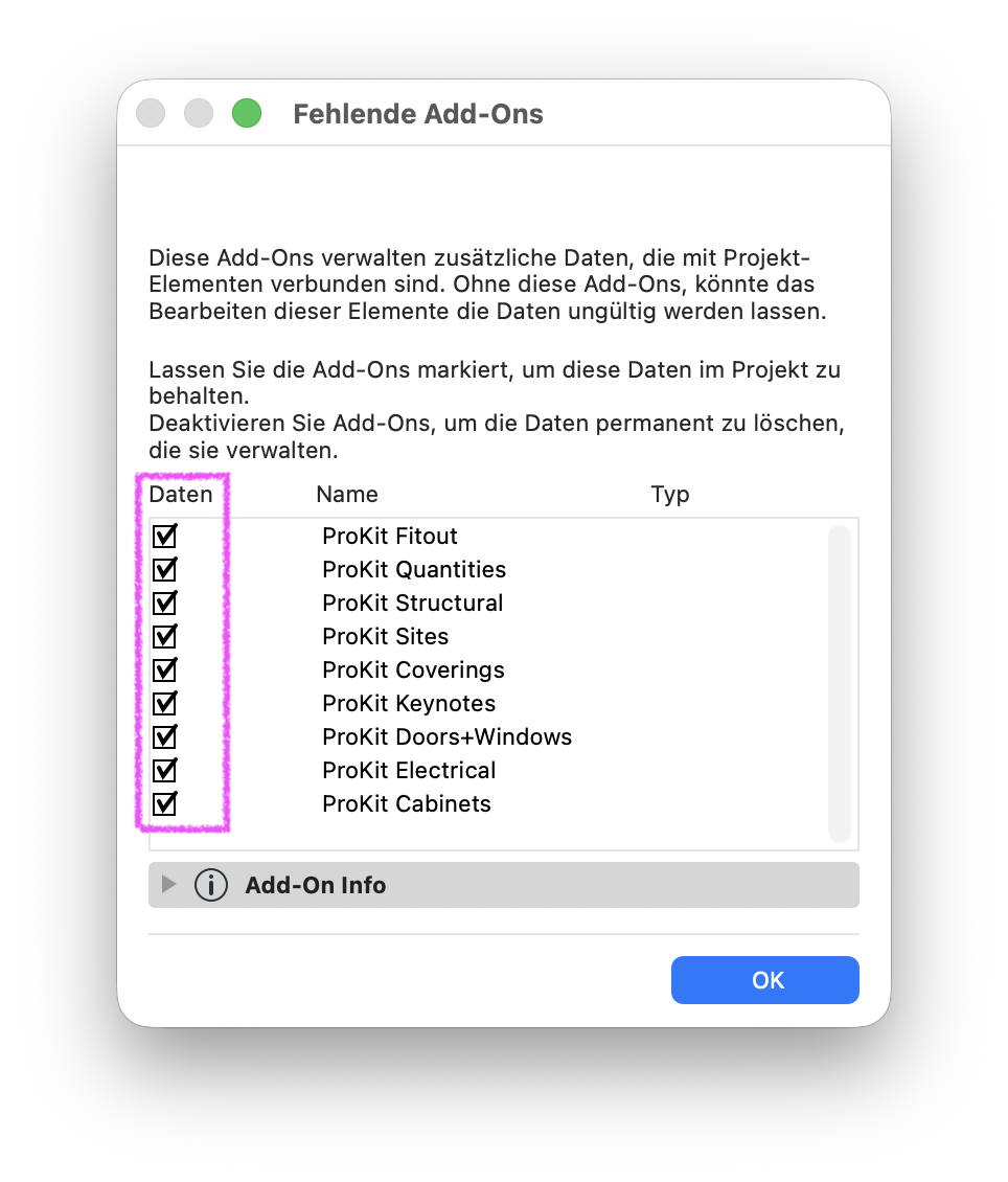 Im Dialog Fehlende Add-Ons sind die Kontrollkästchen aller aufgeführten ProKit-Erweiterungen in der Spalte Daten aktiviert. Die magentafarbene Umrandung hebt die Auswahl zum Beibehalten der zugehörigen Daten im Projekt hervor.