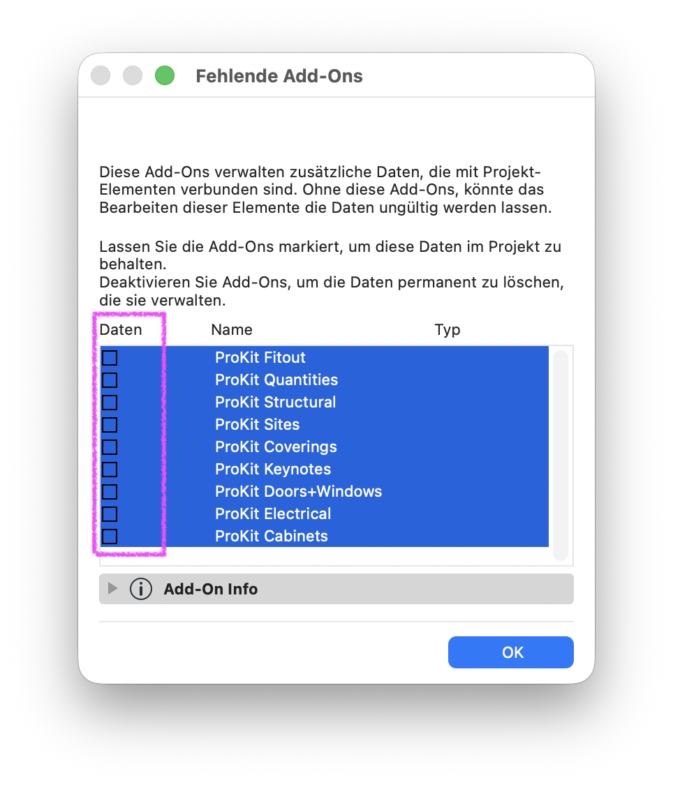 Im Dialog Fehlende Add-Ons sind alle aufgeführten ProKit-Erweiterungen blau markiert. Die Kontrollkästchen in der magentafarben umrandeten Spalte Daten sind bei sämtlichen Einträgen deaktiviert.