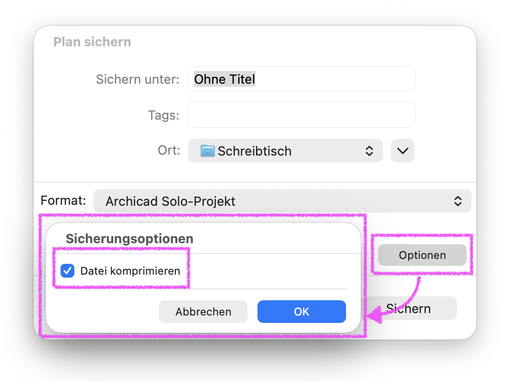 Dateikomprimierung im "Plan sichern" Dialog