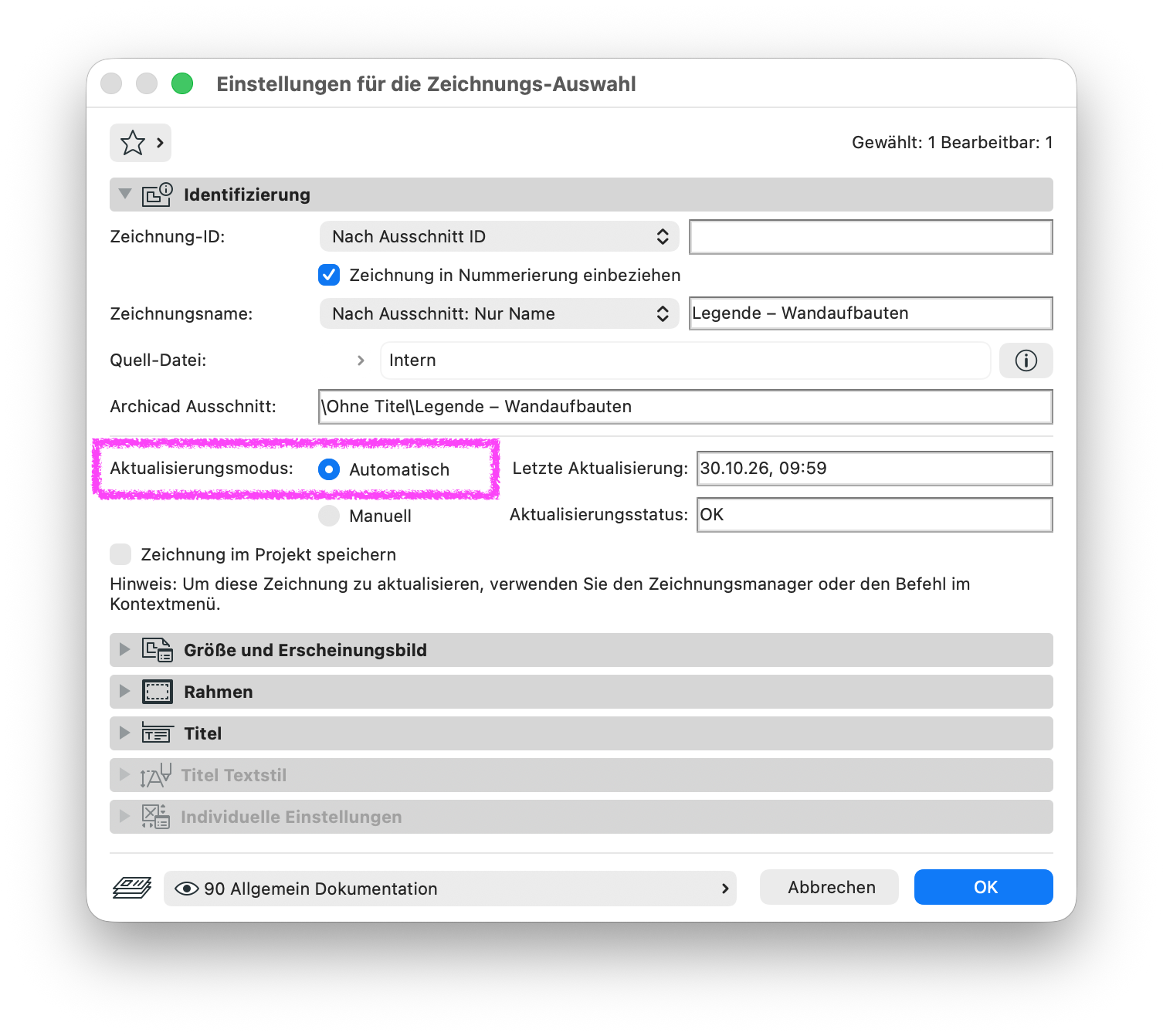 Einstellungen für die Zeichnungs-Auswahl einer platzierten Zeichnung. Hervorgehoben ist der Aktualisierungsmodus Automatisch.