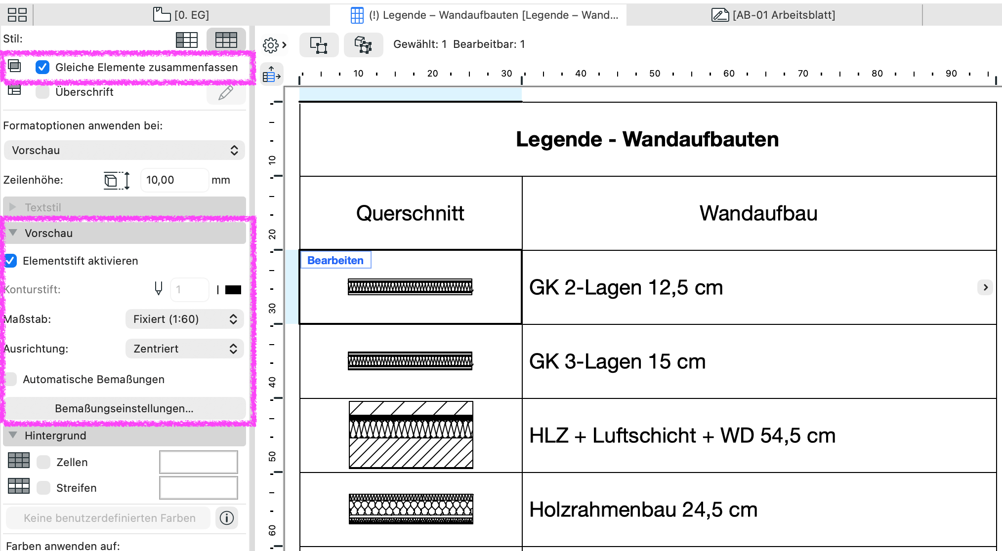 Interaktive Auswertung Legende – Wandaufbauten mit aktivierter Option Gleiche Elemente zusammenfassen. Im Bereich Vorschau sind unter anderem Elementstift, Maßstab und Ausrichtung der dargestellten Querschnitte einstellbar.